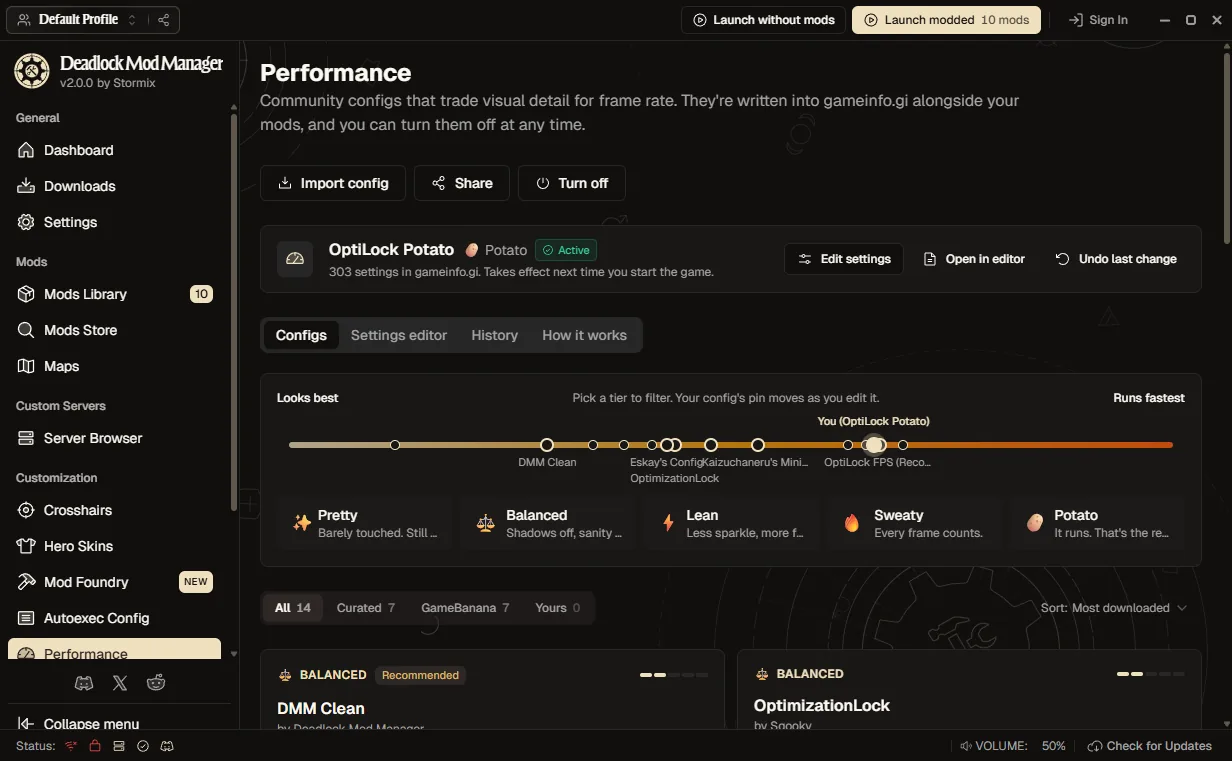 The Performance page in Deadlock Mod Manager V2, with an applied config, the Looks best to Runs fastest scale and curated configs