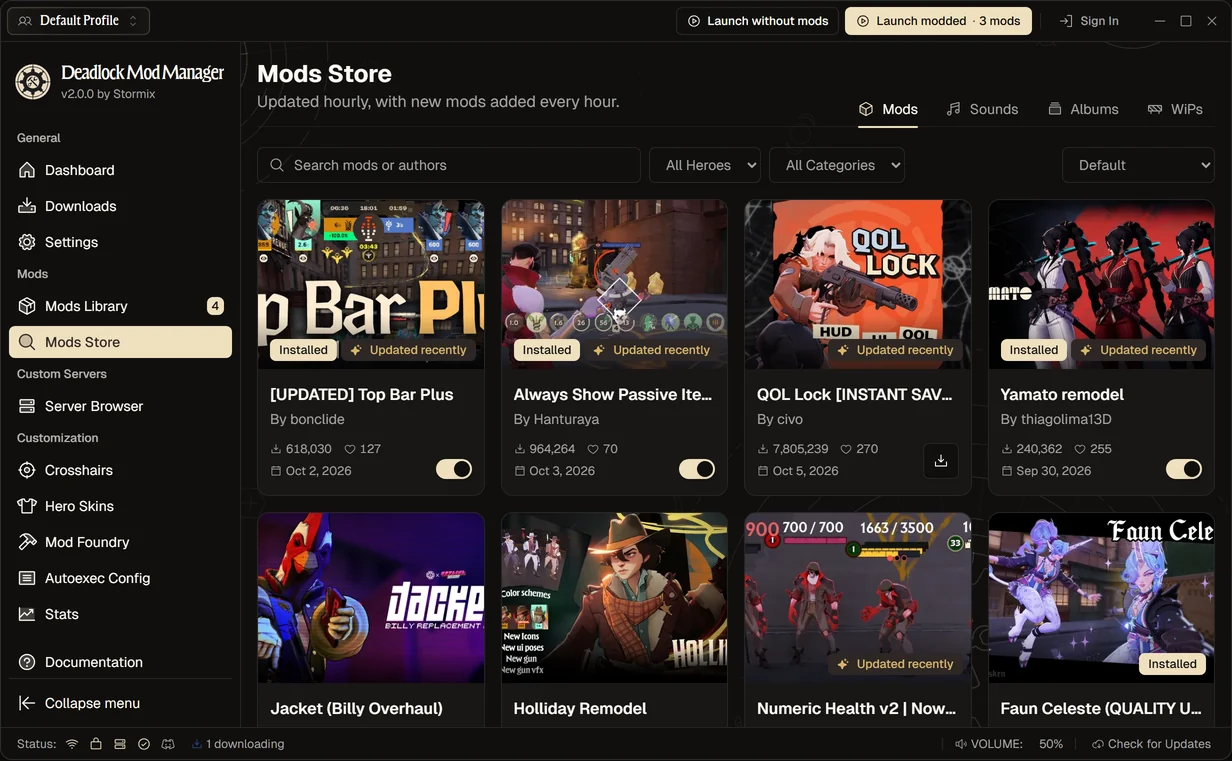 The Mods Store in Deadlock Mod Manager, with a mod downloading