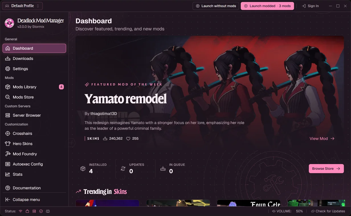 Deadlock Mod Manager with the Lovelock theme: plum and pink, with hero art behind the dashboard