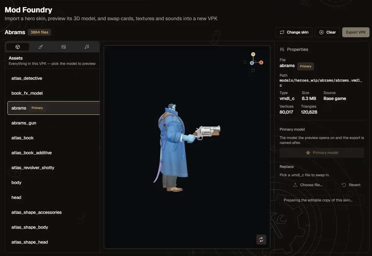 The Mod Foundry skin editor in Deadlock Mod Manager, showing a hero model with paint and sound tools